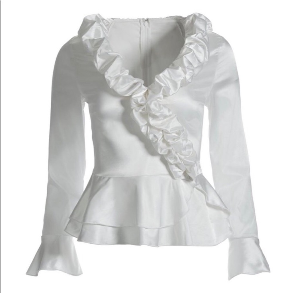 Boston Proper White Satin Ruffle Holiday Blouse - SOLD OUT ONLINE - SZ 16. NEW.